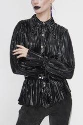 Blouse Punk pour Femme avec Boucles Métalliques Noires, Poignets Brillants Plissés, Col Pointu et Passants en Cuir